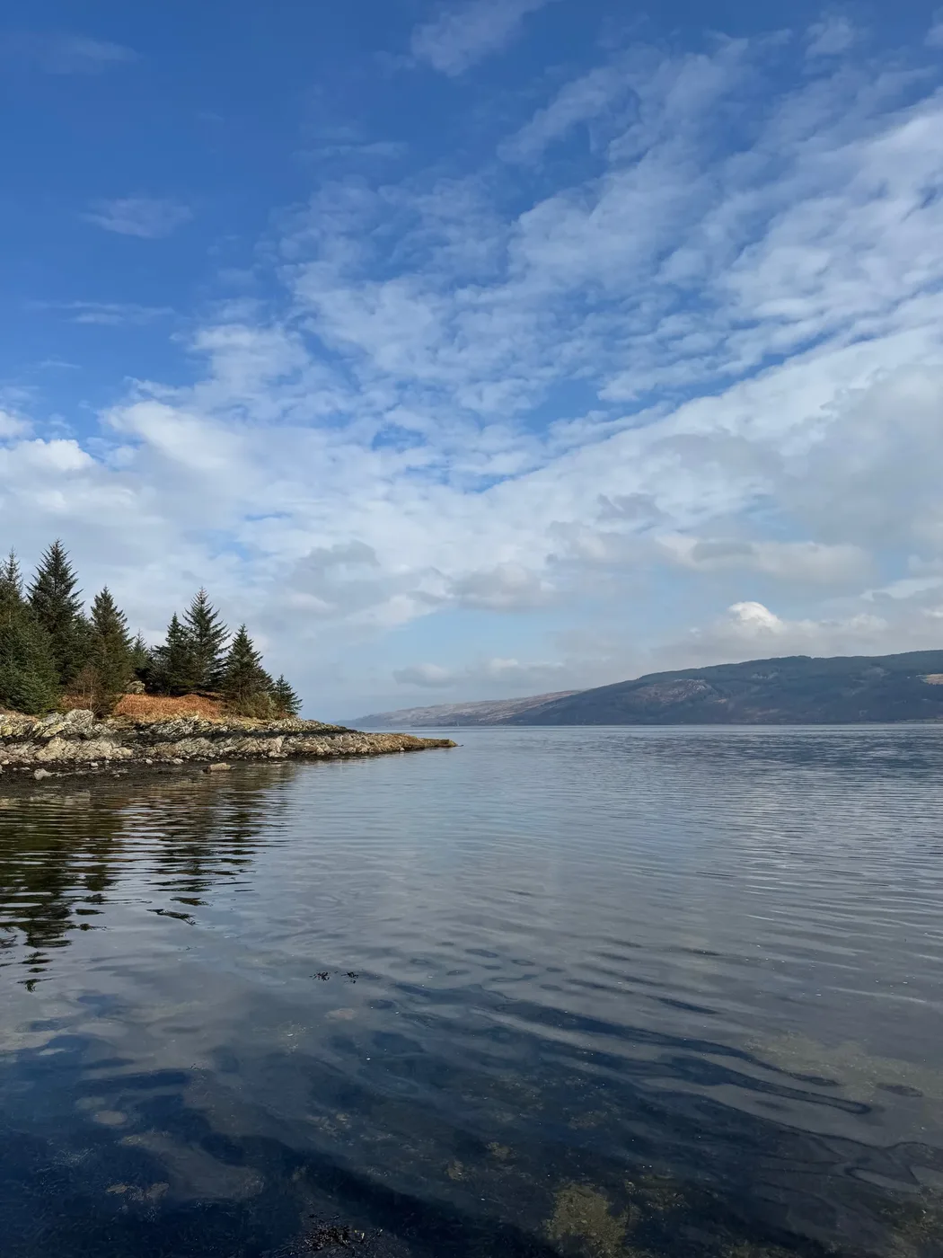 The calm shoreline of Loch Fyne beneath a wide Highland sky